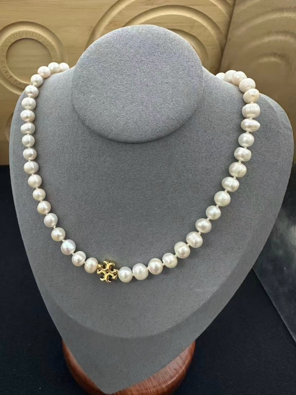 Tory Burch Pearl Necklace with Gold Logo Accent